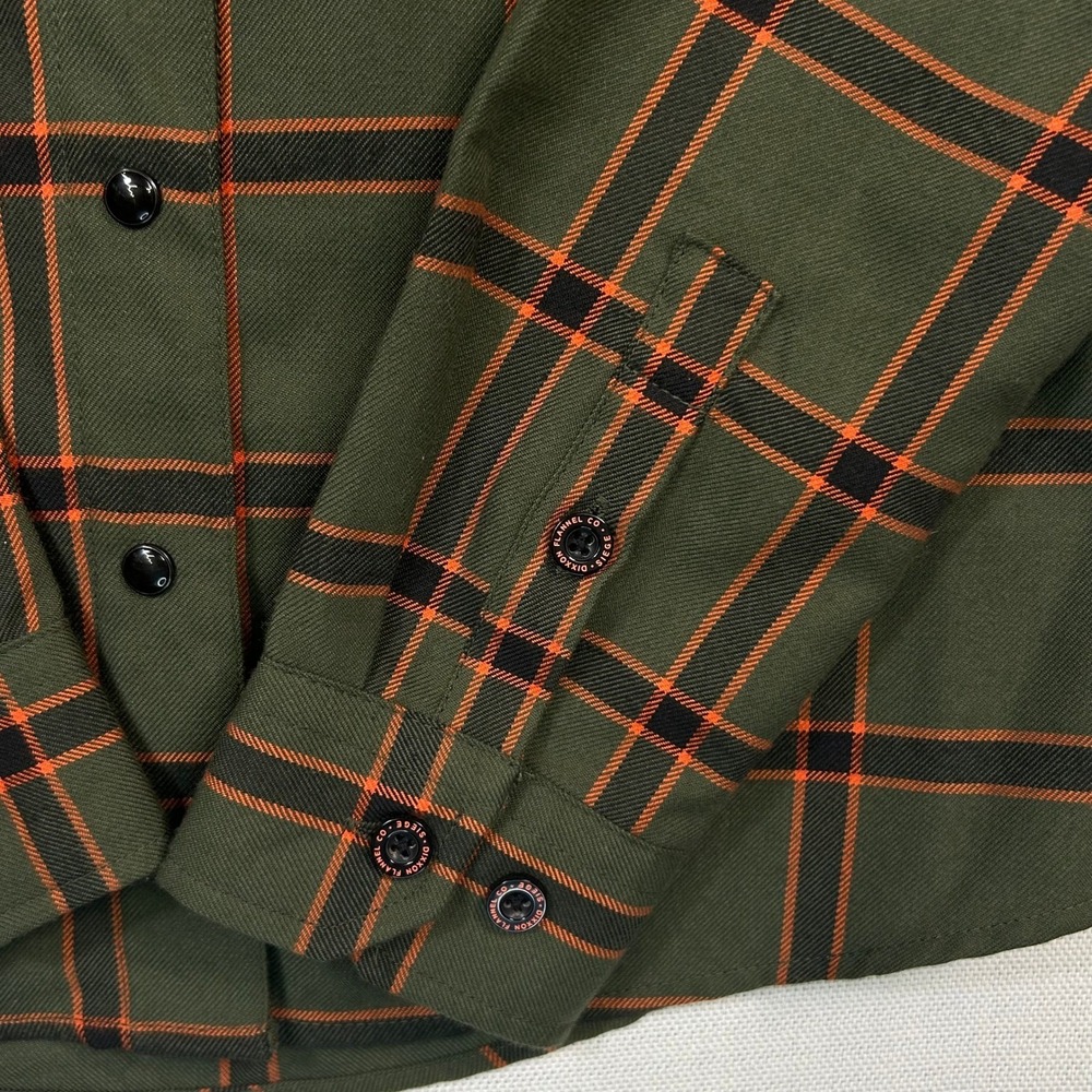 Dixxon Flannel Co Siege Snap Shirt Womens M Olive Green Orange Plaid D-Tech - Picture 7 of 11